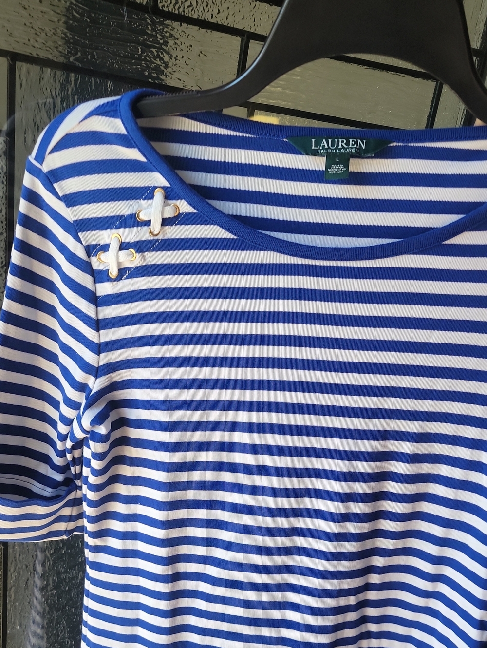 Lauren Ralph Lauren Blue & White Striped Lace-Accent Women’s Top